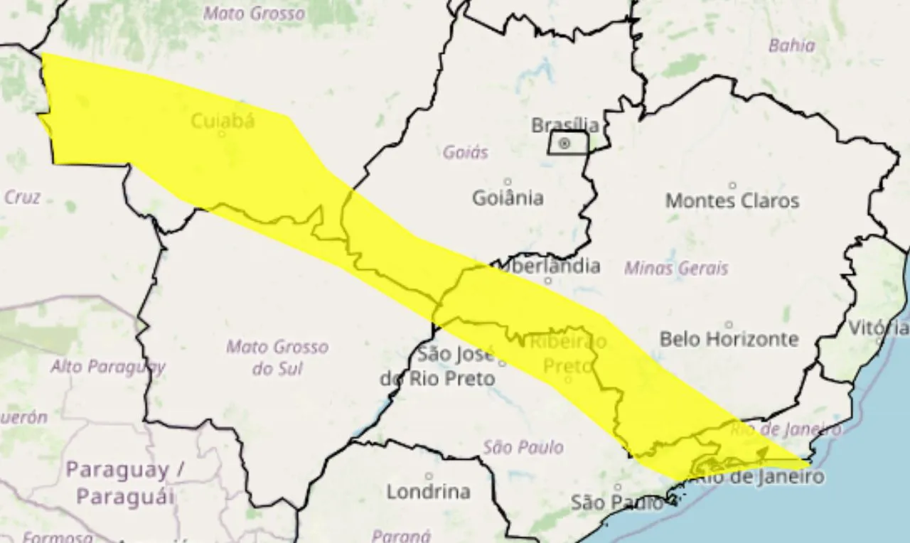 Trata-se de um alerta amarelo para chuvas intensa e ventania na região centro-oeste e sudeste